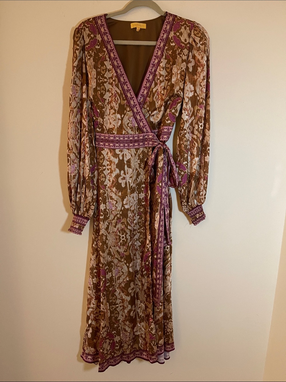 Flying Tomatoe Floral Wrap Midi Dress in silk Brown & Mauve